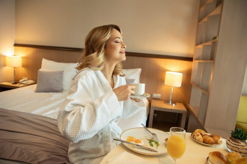 beautifulwomaninbathrobehavingbreakfastinthehotelroom