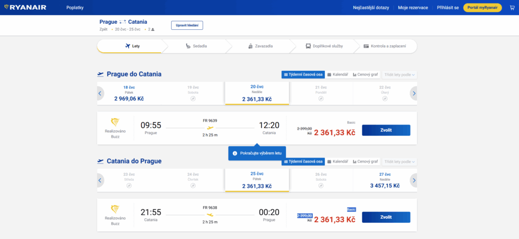 Nejlevnější letenky do Catanie u společnosti Ryanair vyjdou pro 2 osoby na 9 500 Kč.